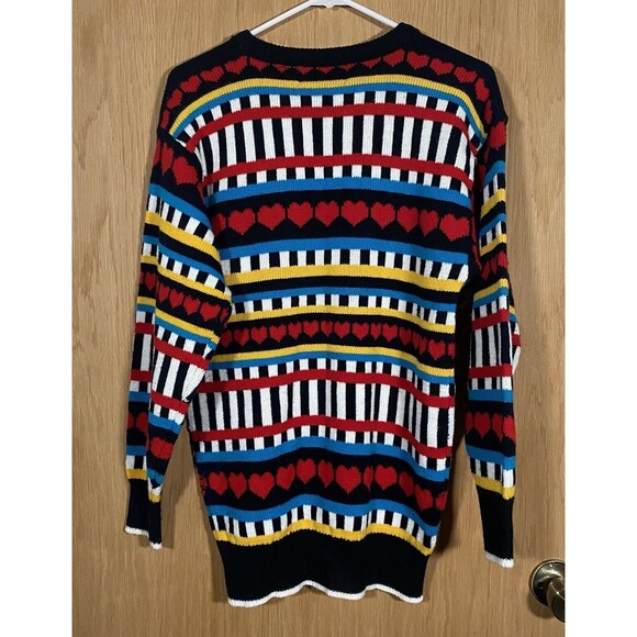 Vtg Knit Works Sweater Hearts Stripes Mixed Media Oversized Crew Neck Women's M - Picture 2 of 7